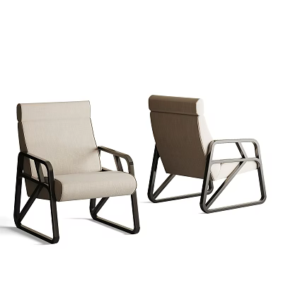 Two Stylish Accent Chairs with Beige Fabric Upholstery and Black Metal Frame Modern Design 3d model