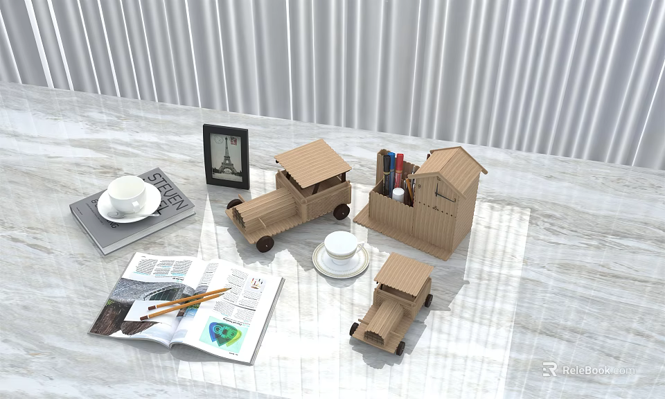 Open Magazine On Table With Pencils Wooden Cabin Storage Box Truck Toy Eiffel Tower Frame 3d model 