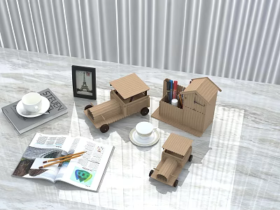 Open Magazine On Table With Pencils Wooden Cabin Storage Box Truck Toy Eiffel Tower Frame 3d model