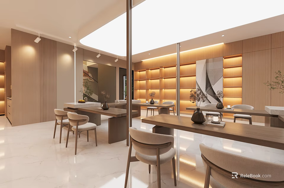 Modern Mall Café Interior With Wooden Tables Chairs Display Shelves Lighting And Decorative Paintings 3d model 