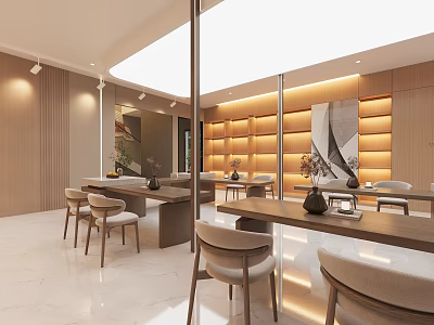 Modern Mall Café Interior With Wooden Tables Chairs Display Shelves Lighting And Decorative Paintings 3d model