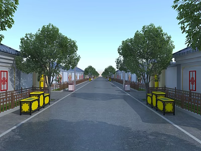 Residential Road Facilities Along Pathway With Green Trees Yellow Benches And Traditional Buildings 3d model