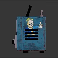 Vintage Blue Portable Device With Black Handle Cartoon Character And Purple Label