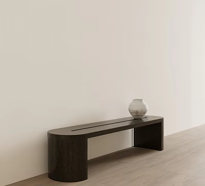 Dark Wooden Bench in Light Colored Room with White Patterned Vase on Top 3d model