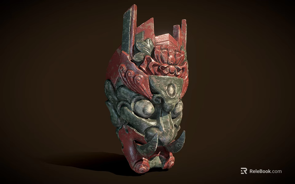 Traditional Style Decorative Ornament Set Featuring Mask Design Red Green Carved Dragon Patterns 3d model 
