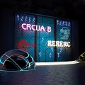 Neon Illuminated Metal Grid Door Featuring CRCUAB RERERC Signs And Semicircular Structures