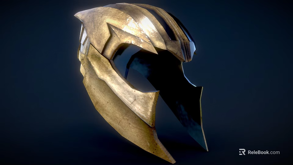 Golden Metallic Helmet With Angular Shape And Stripes Against Dark Background 3d model 