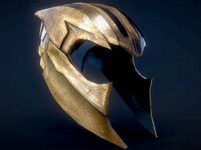 Golden Metallic Helmet With Angular Shape And Stripes Against Dark Background 3d model