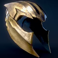 Golden Metallic Helmet With Angular Shape And Stripes Against Dark Background 3d model