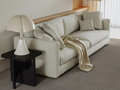 Light Beige Two seater Sofa with Cushions Throw Blanket and Black Side Table Lamp 3d model
