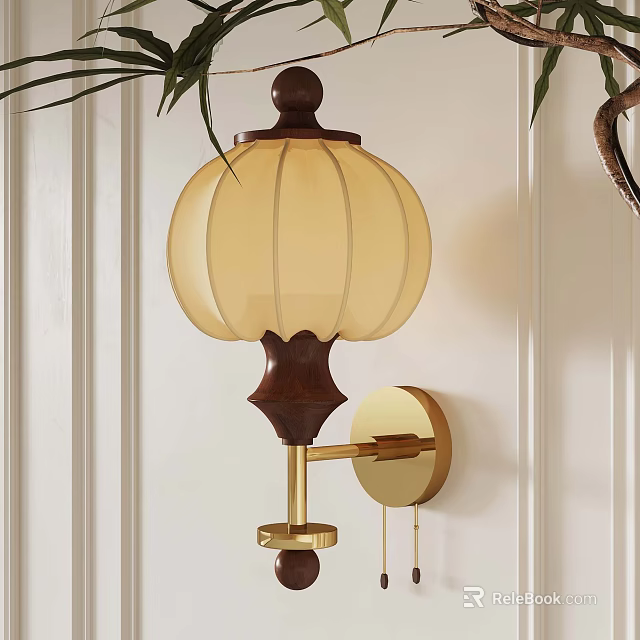 Elegant Wall Lamp With Wooden Accent Beige Lampshade Gold Mount On White Wall 3d model 