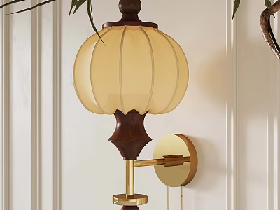 Elegant Wall Lamp With Wooden Accent Beige Lampshade Gold Mount On White Wall 3d model