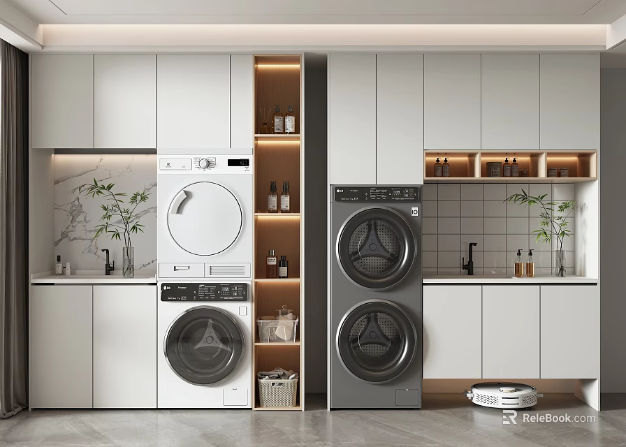 Sleek Modern Laundry Cabinet With Washing Machine Open Shelves LED Lighting And Green Plants 3d model 