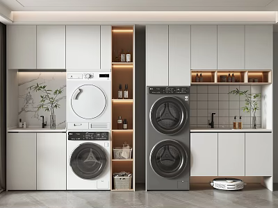 Sleek Modern Laundry Cabinet With Washing Machine Open Shelves LED Lighting And Green Plants 3d model