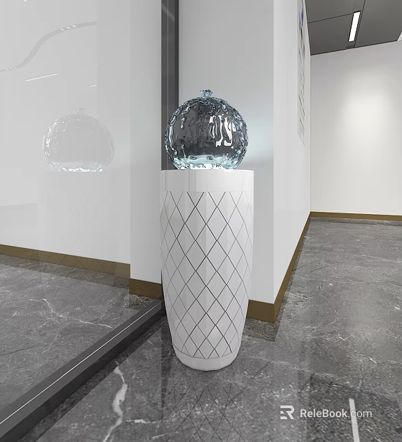 Transparent Spherical Glass Sculpture Placed On White Diamond Pattern Column With Marble Floor 3d model 