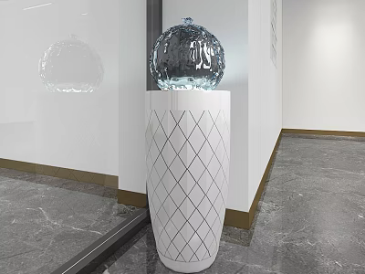 Transparent Spherical Glass Sculpture Placed On White Diamond Pattern Column With Marble Floor 3d model