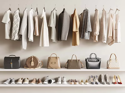 Stylish Hanging Clothes On Wall With Handbags And Shoes On Shelves 3d model