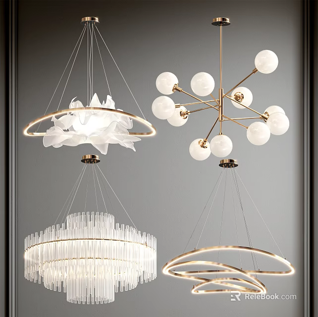 Modern Chandeliers With Crystal Frames Gold Structures Circular Rings And Flower Shaped Details 3d model 