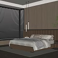 Modern Bedroom Interior With Upholstered Headboard Blinds Wooden Wall Table Lamp Green Plant And Rug