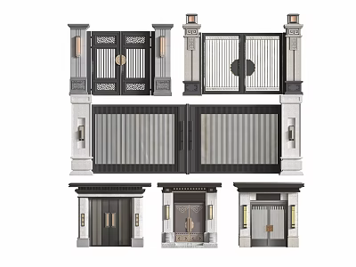 Modern Entry Gates Design With Black White Columns Lighting And Decorative Elements 3d model