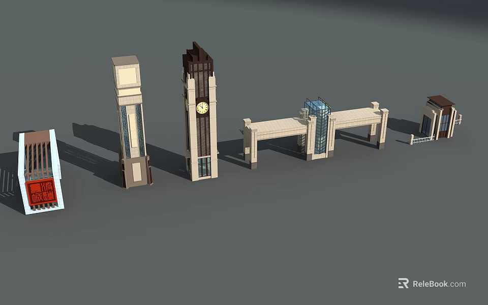 Various Entrance Gate Designs With Modern Architecture And Clock Tower Elements 3d model