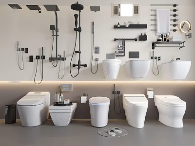 Modern Bathroom Interior Featuring Multiple Toilets Shower Fixtures And Storage Shelves 3d model