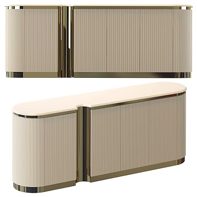 Modern Beige Cabinet Design With Vertical Stripe Pattern Gold Frame And White Countertop 3d model