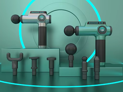 Smart Machine Massage Gun With Various Attachments And Accessories On Display Stand 3d model