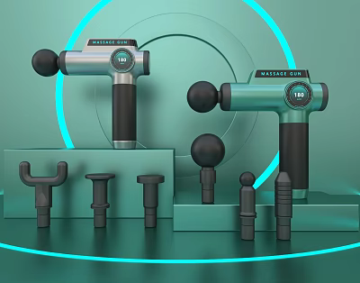 Smart Machine Massage Gun With Various Attachments And Accessories On Display Stand 3d model