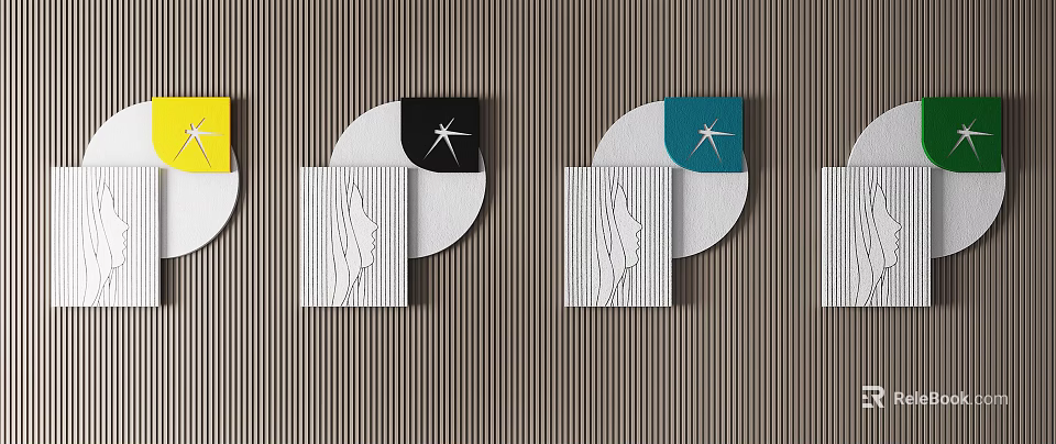 Modern Geometric Wall Decor With Circular Square Panels Linear Patterns And Star Accents 3d model