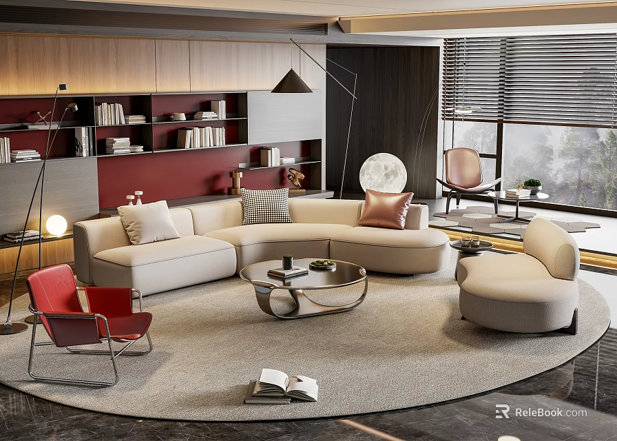 Modern Luxurious Beige L shaped Sofa With Round Metal Frame Coffee Table Set In Living Room 3d model 