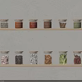Colorful Spice Jars With Various Spices On Wooden Shelves Against Light Gray Wall