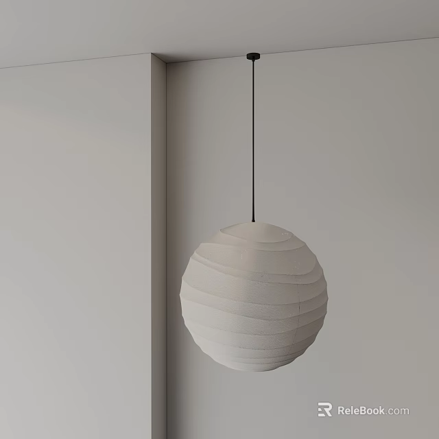 White Spherical Striped Pendant Light With Black Cable In Minimalist Corner 3d model 
