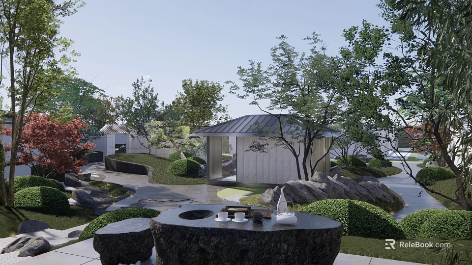 Japanese Style Courtyard Garden With Stone Table Rocks Green Trees Pathway And Pavilion 3d model 