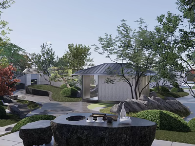 Japanese Style Courtyard Garden With Stone Table Rocks Green Trees Pathway And Pavilion 3d model
