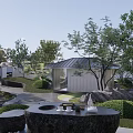 Japanese Style Courtyard Garden With Stone Table Rocks Green Trees Pathway And Pavilion