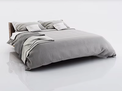 Modern Double Bed With Gray Bedspread White Pillows And Wooden Frame 3d model