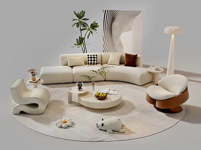 Modern White Sofa and Coffee Table Set with Decorative Pillows Plants and Chairs 3d model