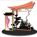Chinese Style Photo Check In Spot With Traditional Pavilion Colorful Decorations And Green Plants