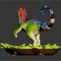 Colorful Dinosaur Figure with Red Crest Green Body Blue Striped Tail on Green Leaf Base