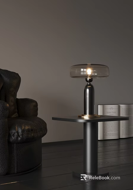 Modern Table Lamp with Transparent Lampshade and Metal Base Near Leather Sofa and Open Book 3d model 