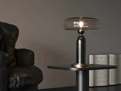 Modern Table Lamp with Transparent Lampshade and Metal Base Near Leather Sofa and Open Book 3d model