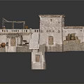 Traditional Stone Building Model With Wooden Roof Balcony Staircase And Clay Pots