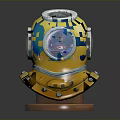 Vintage Yellow Diving Helmet With Circular Glass Window And Brown Wooden Base For Marine Decor