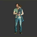 Man In Green Shirt Holding Child With Blue Pants Against Gray Background