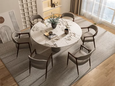 Modern Round Dining Table Set with Marble Top and Six Gray Wooden Leg Chairs 3d model