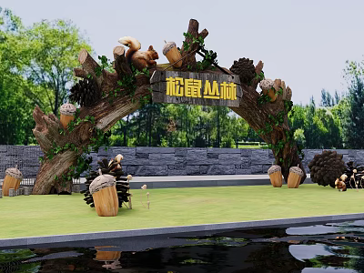 Park Landscape With Wooden Arch Squirrel Themed Decorations Green Lawn And Water Reflection 3d model