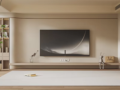 Modern Minimalist Living Room TV Wall Design With Black TV Wooden Shelf And Deer Figurine 3d model