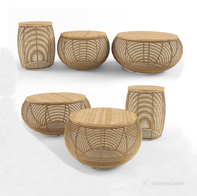 Natural Handwoven Rattan Round Coffee Table Set With Wooden Top And Decorative Weave Design 3d model 