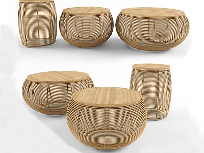Natural Handwoven Rattan Round Coffee Table Set With Wooden Top And Decorative Weave Design 3d model